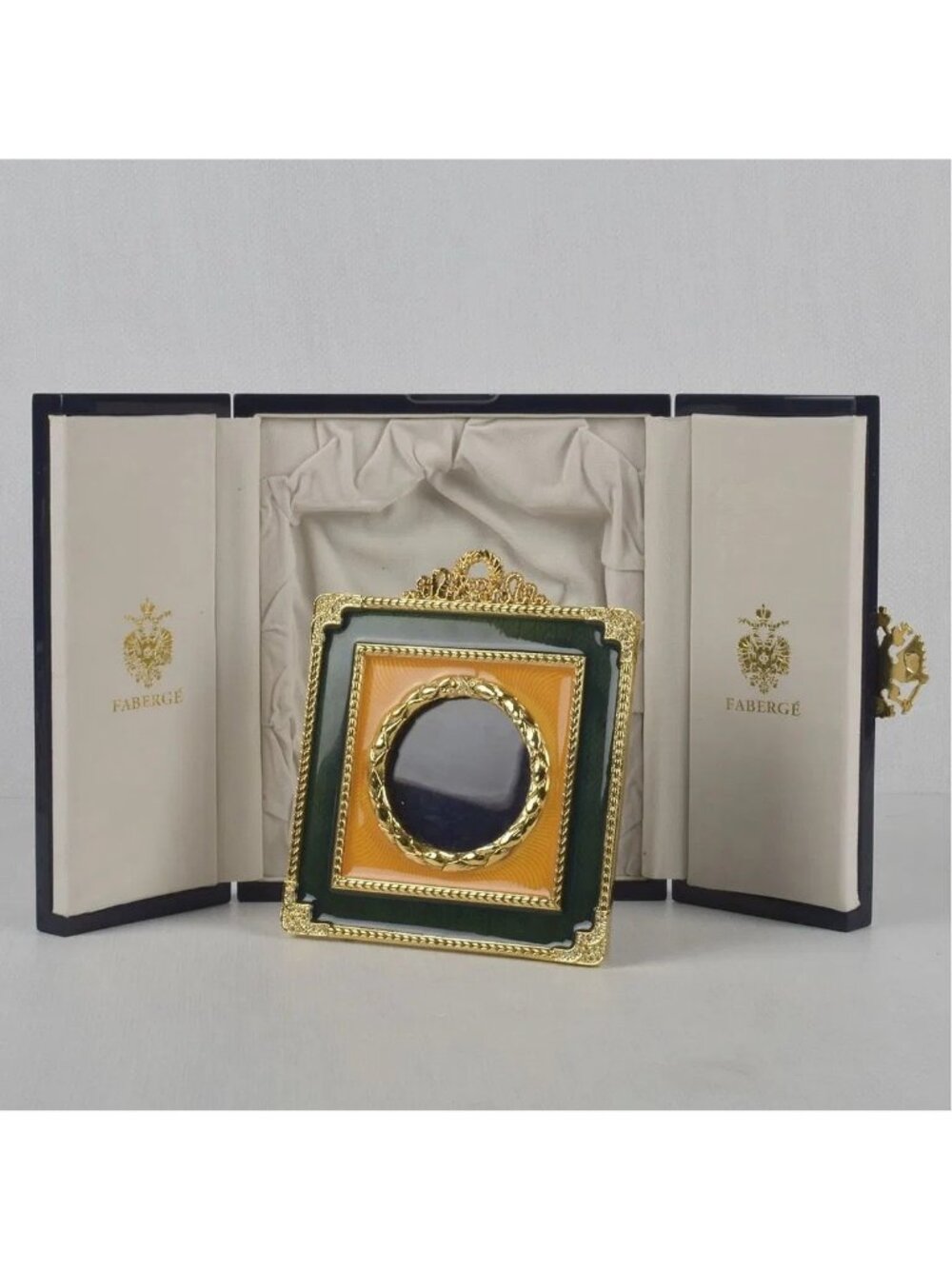 Fabergé gilt metal & enamel picture frame 6-3/4" x 5-3/4" With OG Box -Essex Wor